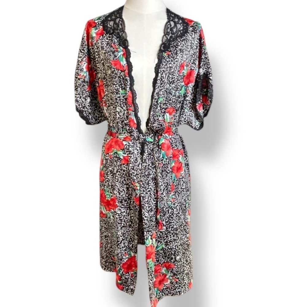 4/$20 Vintage Barbizon Floral Lace Trim Robe Kimono Red Black Boho Lounge Wrap S - Picture 2 of 4